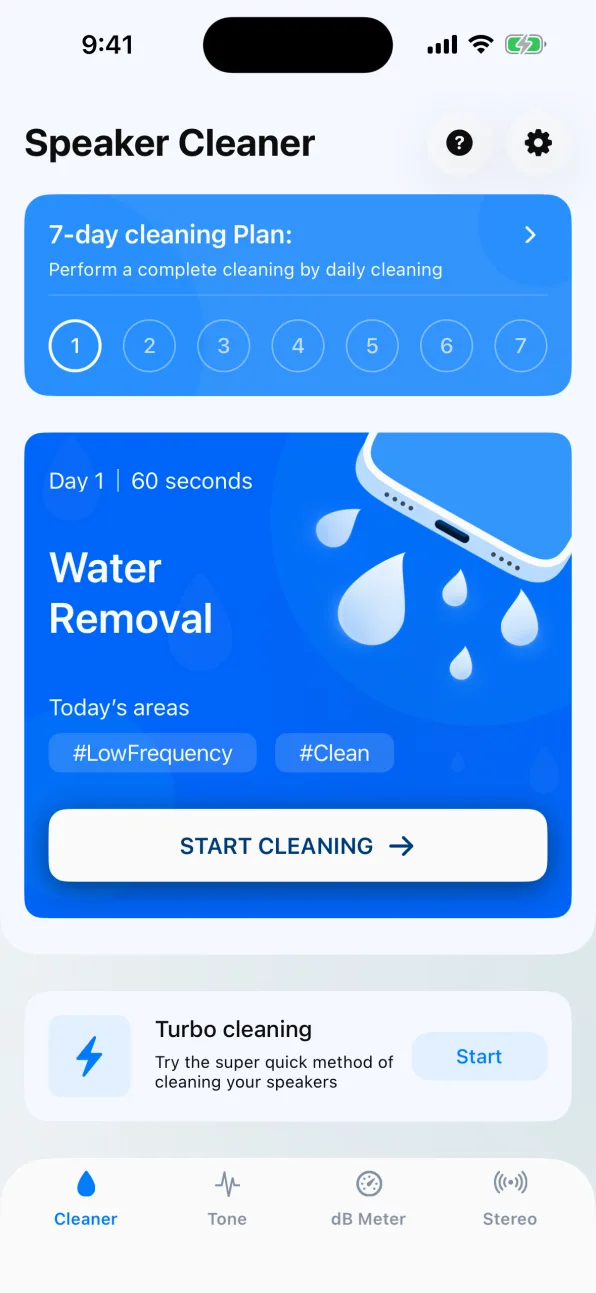 Water Eject speaker cleaning screen, ready to start