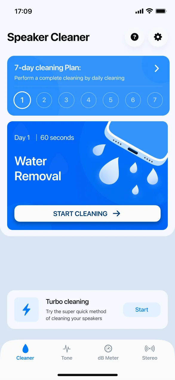 Water Eject speaker cleaning screen, ready to start