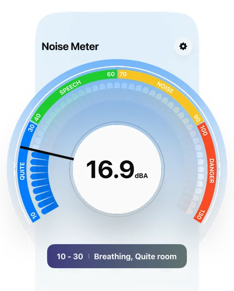 Noise Meter screen reading 16.9 dBA in a quiet room
